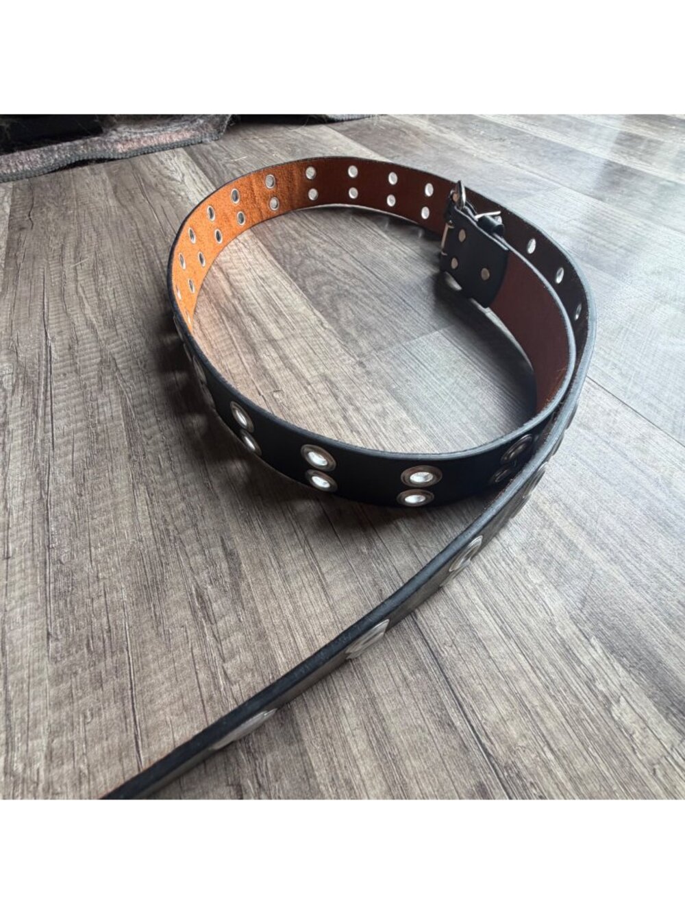 Black Leather Belt With Silver Grommets & Buckle Size XXL Made In China